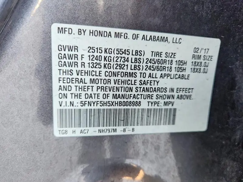 2017 HONDA PILOT EXL  