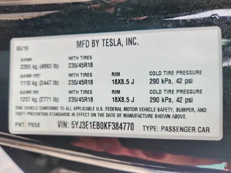 2019 TESLA MODEL 3   