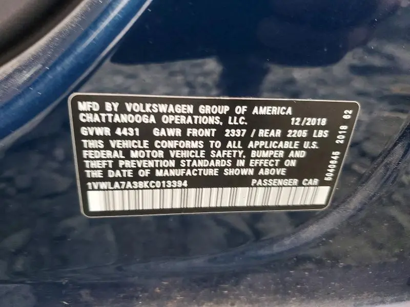 2019 VOLKSWAGEN PASSAT WOLFSBURG  