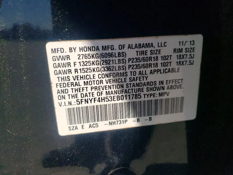 2014 HONDA PILOT EXL  