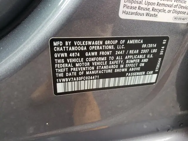 2015 VOLKSWAGEN PASSAT SE