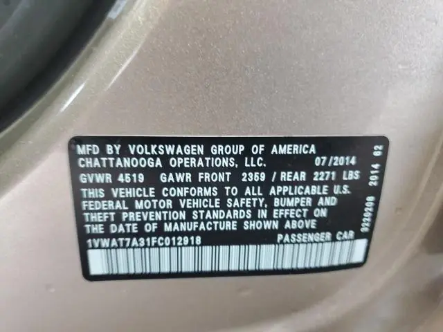2015 VOLKSWAGEN PASSAT S  