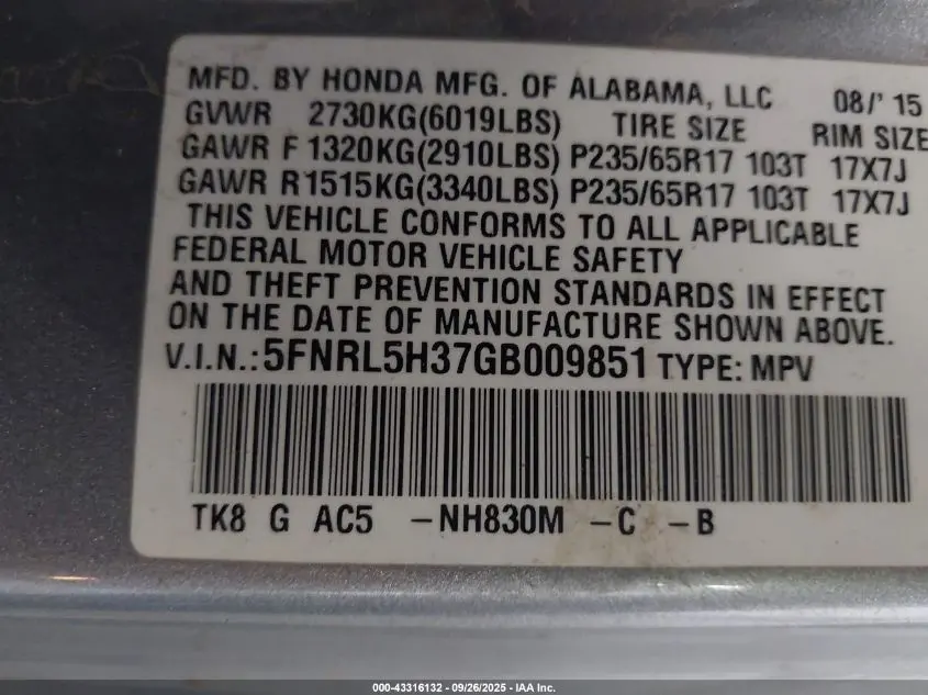 2016 HONDA ODYSSEY SE