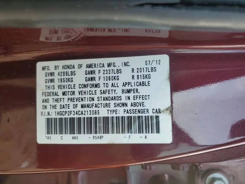 2012 HONDA ACCORD LX  