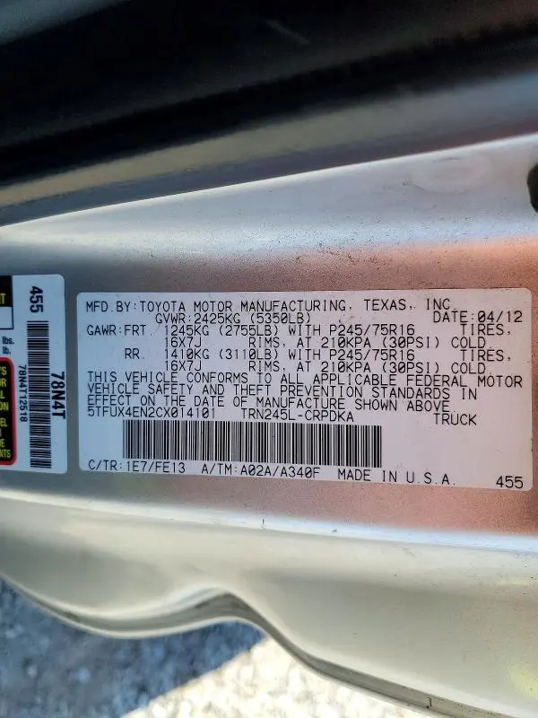 2012 TOYOTA TACOMA ACCESS CAB  