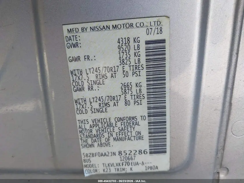 2018 NISSAN NV PASSENGER NV3500 HD SV V6