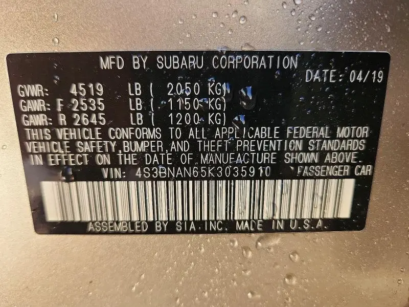 2019 SUBARU LEGACY 2.5I LIMITED  