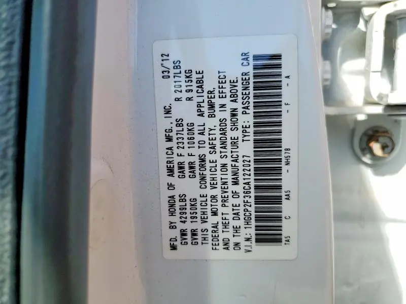2012 HONDA ACCORD LX  