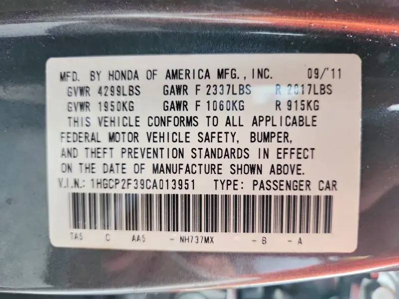 2012 HONDA ACCORD LX  