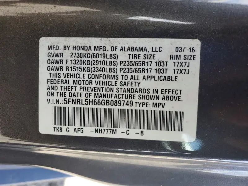 2016 HONDA ODYSSEY EXL  