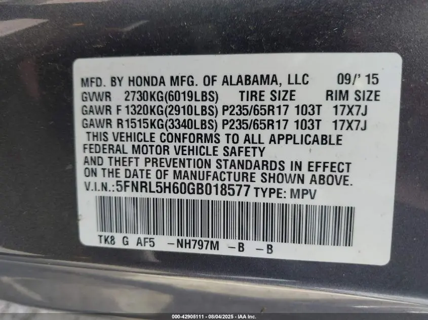 2016 HONDA ODYSSEY EX-L