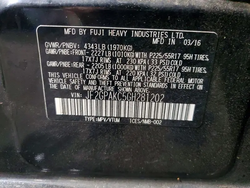 2016 SUBARU CROSSTREK LIMITED  