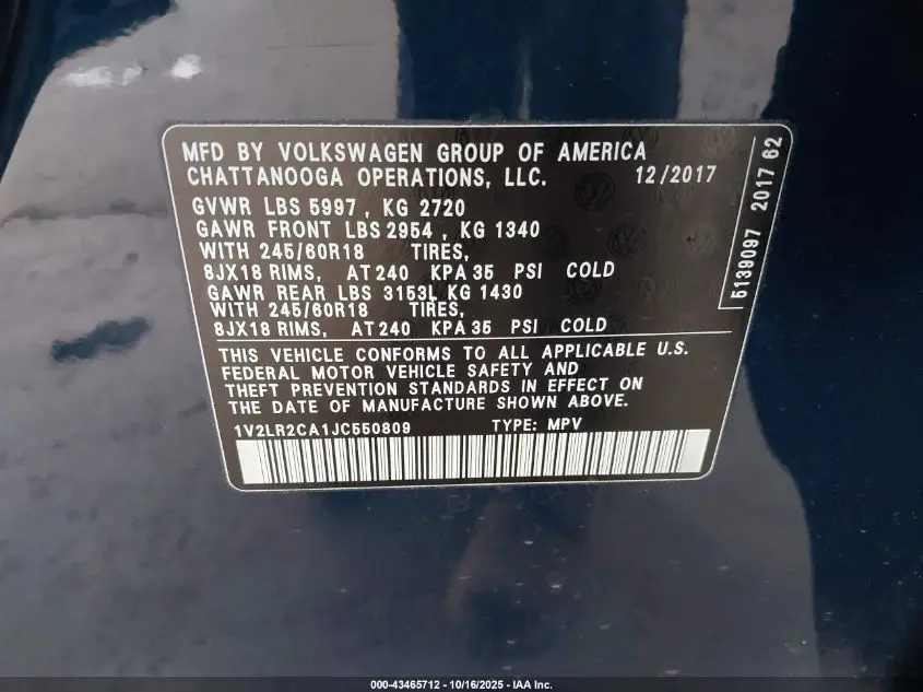 2018 VOLKSWAGEN ATLAS 3.6L V6 SE/3.6L V6 SE W/TECHNOLOGY