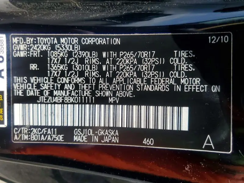 2011 TOYOTA FJ CRUISER BASE  