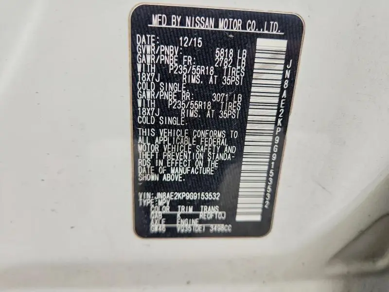 2016 NISSAN QUEST 3.5 SL  