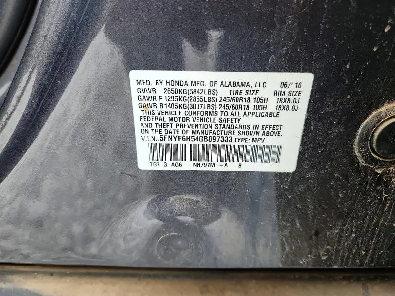 2016 HONDA PILOT EXL  