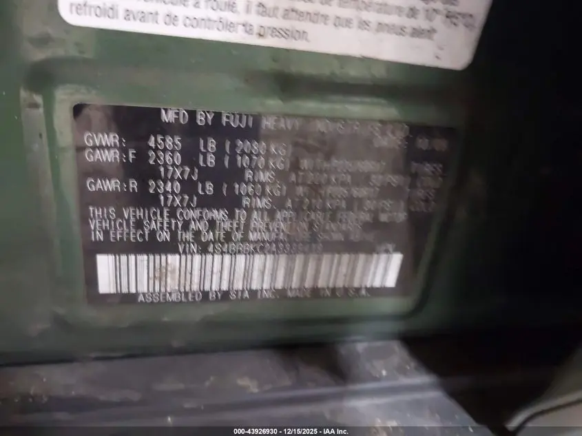 2010 SUBARU OUTBACK 2.5I LIMITED