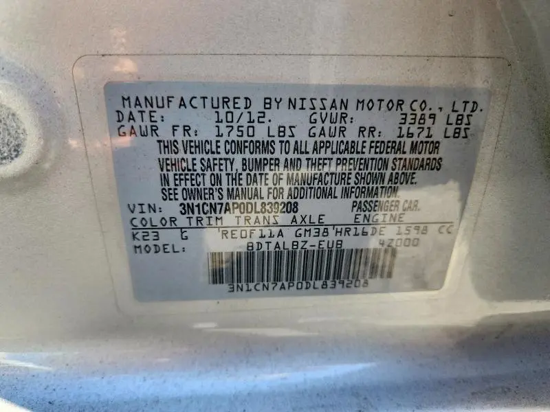 2013 NISSAN VERSA 1.6 S  