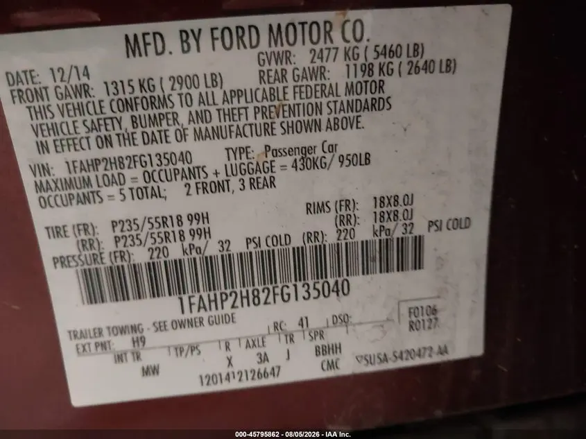 2015 FORD TAURUS SEL