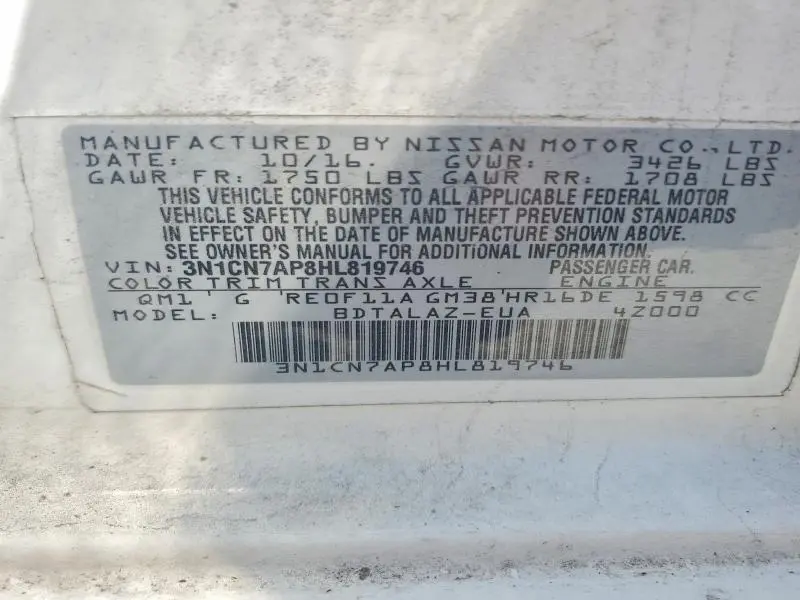 2017 NISSAN VERSA 1.6 S PLUS  