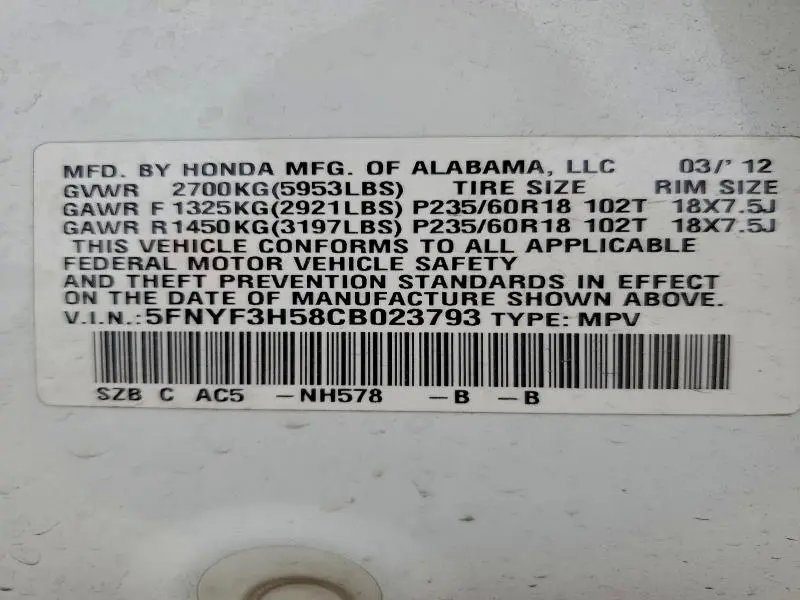 2012 HONDA PILOT EXL  