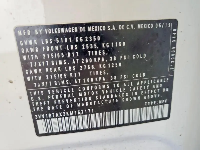 2019 VOLKSWAGEN TIGUAN S  