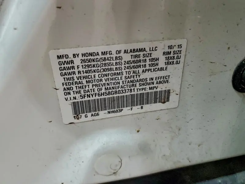 2016 HONDA PILOT EXL  