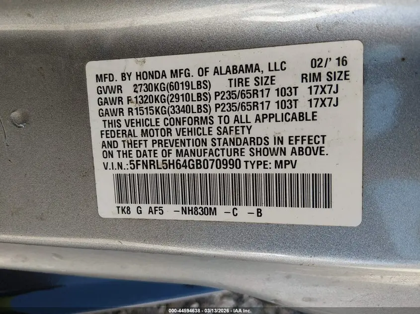 2016 HONDA ODYSSEY EX-L