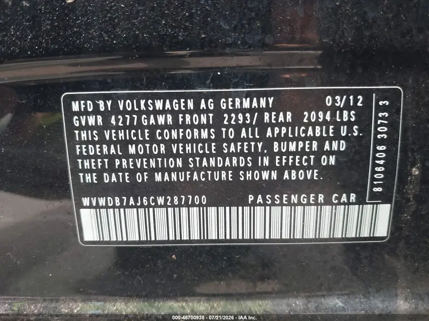 2012 VOLKSWAGEN GOLF 2.5L 4-DOOR