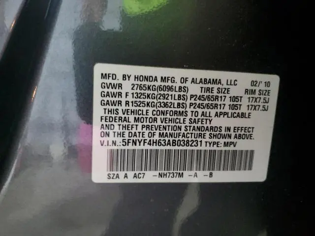 2010 HONDA PILOT EXL  