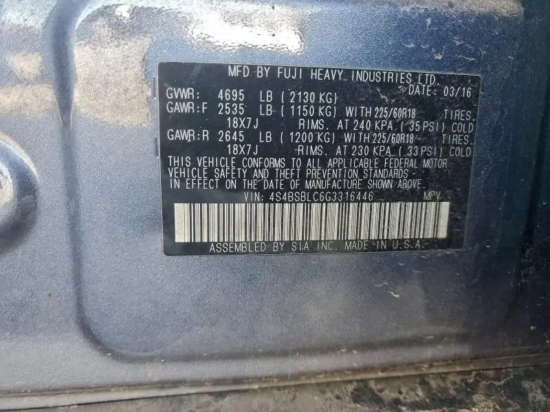 2016 SUBARU OUTBACK 2.5I LIMITED  