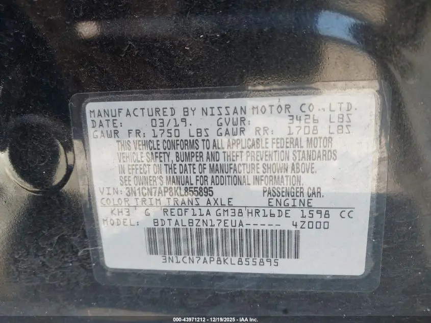 2019 NISSAN VERSA 1.6 SV