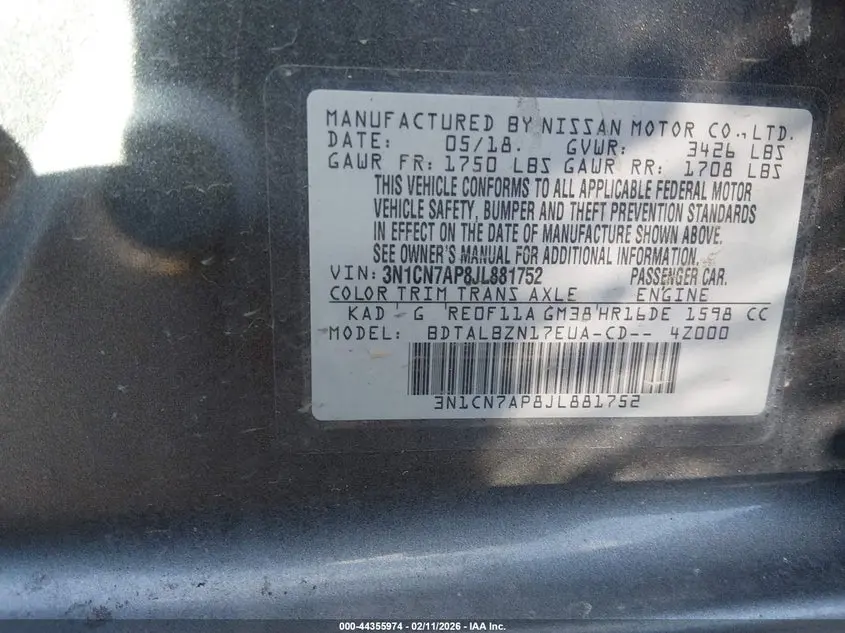 2018 NISSAN VERSA 1.6 SV