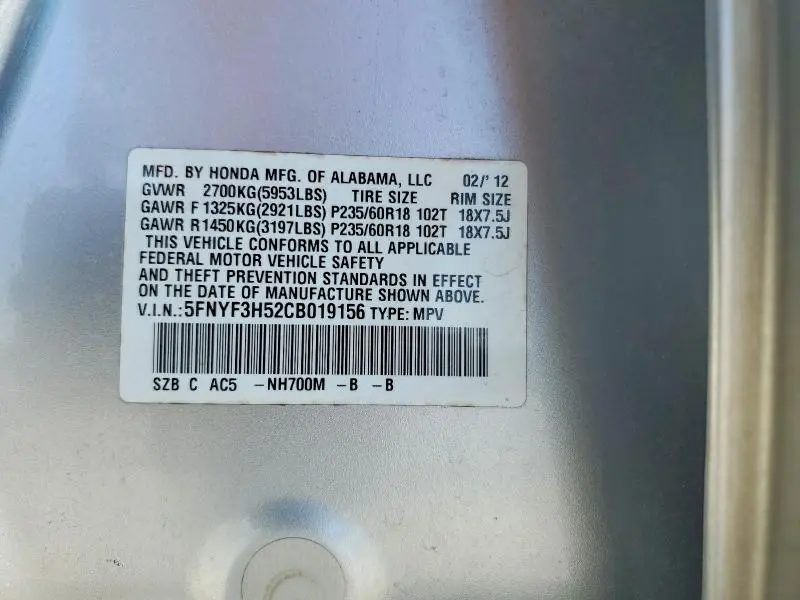 2012 HONDA PILOT EXL  