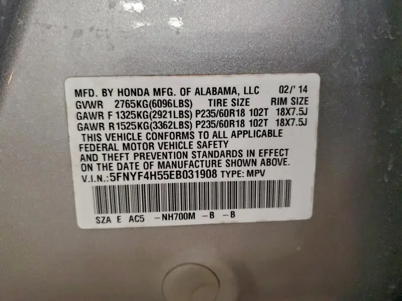 2014 HONDA PILOT EXL  