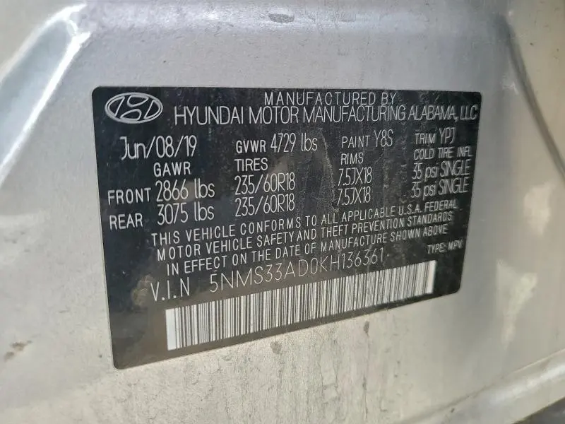 2019 HYUNDAI SANTA FE SEL  