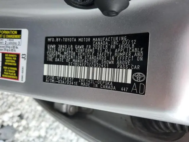 2012 TOYOTA COROLLA BASE  