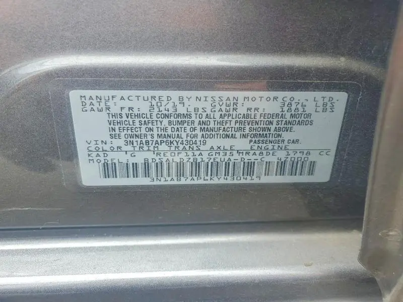 2019 NISSAN SENTRA SV  