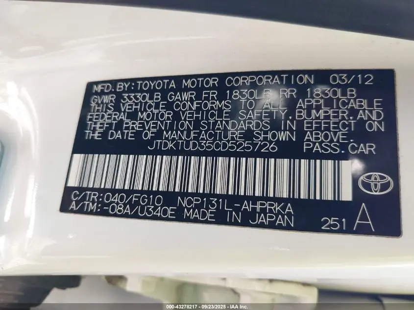 2012 TOYOTA YARIS LE