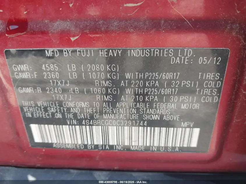 2012 SUBARU OUTBACK 2.5I PREMIUM