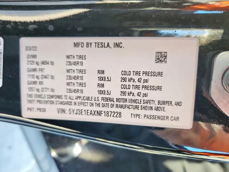 2022 TESLA MODEL 3   
