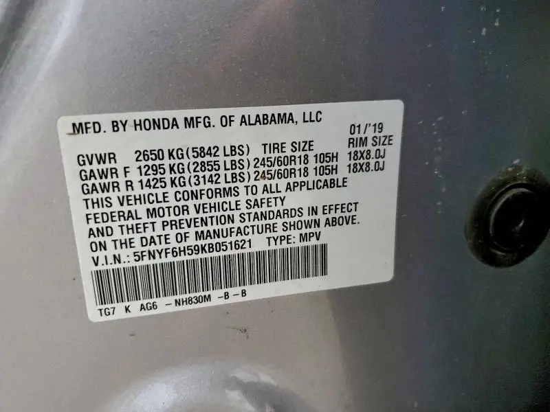 2019 HONDA PILOT EXL  