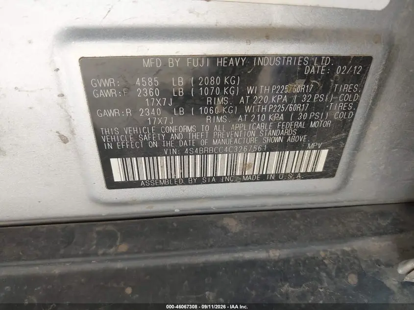 2012 SUBARU OUTBACK 2.5I PREMIUM