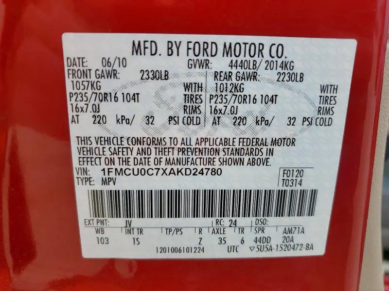 2010 FORD ESCAPE XLS  