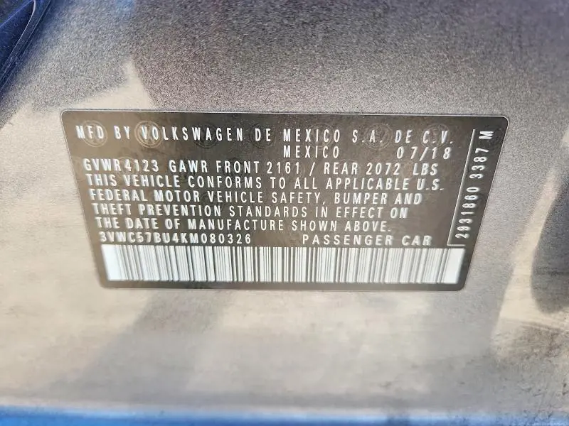 2019 VOLKSWAGEN JETTA S  