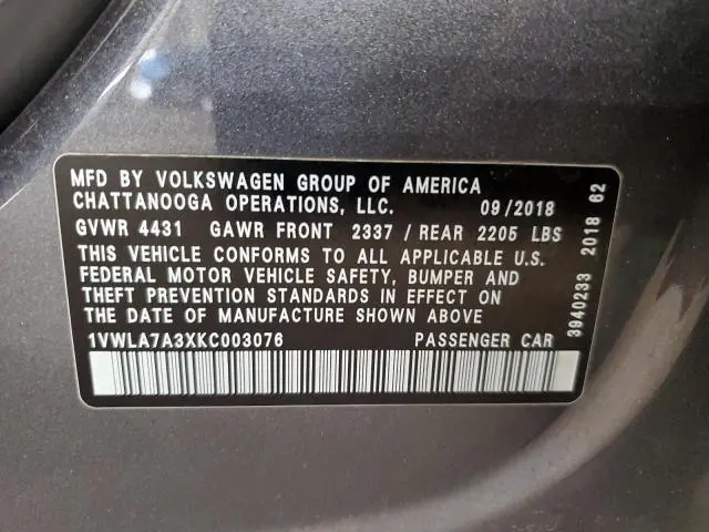 2019 VOLKSWAGEN PASSAT WOLFSBURG