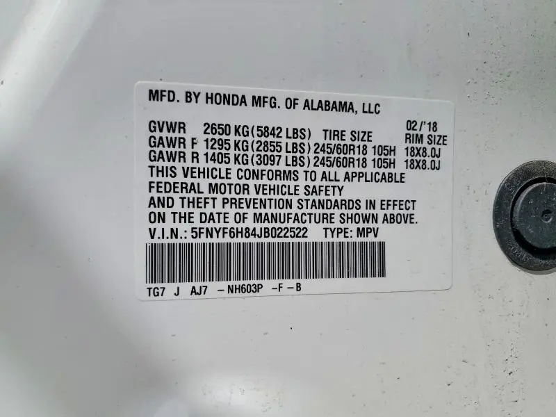 2018 HONDA PILOT EXL  