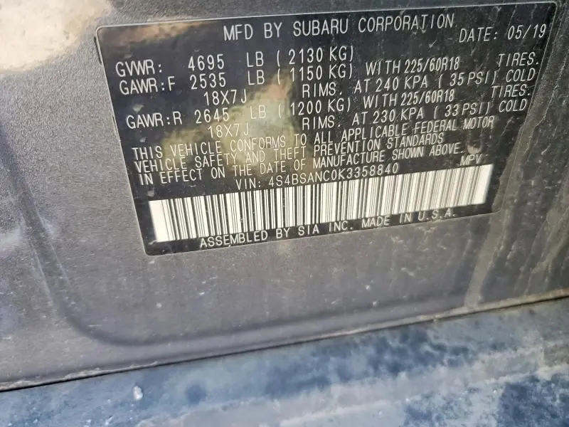 2019 SUBARU OUTBACK 2.5I LIMITED  