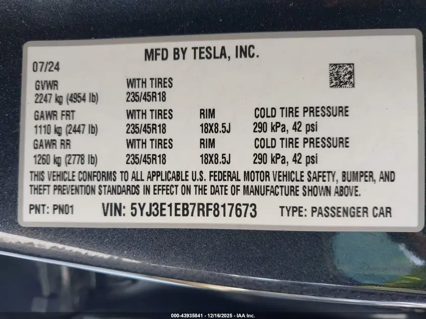 2024 TESLA MODEL 3 LONG RANGE DUAL MOTOR ALL-WHEEL DRIVE