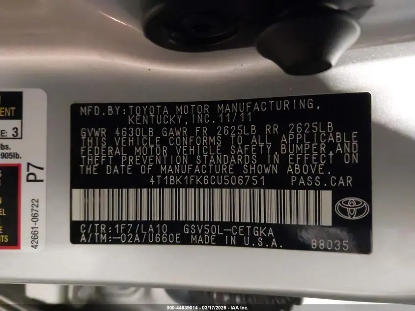 2012 TOYOTA CAMRY XLE V6